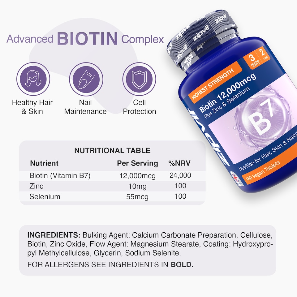 image 1 of Zipvit Biotin 12,000mcg with Zinc & Selenium, Hair, Skin & Nail Support, 180 Vegan Tablets, 3-Month Supply
