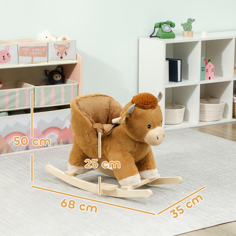 image 1 of AIYAPLAY Baby Rocking Horse with Song, Safety Belt, Wood Base for 1-3 Years