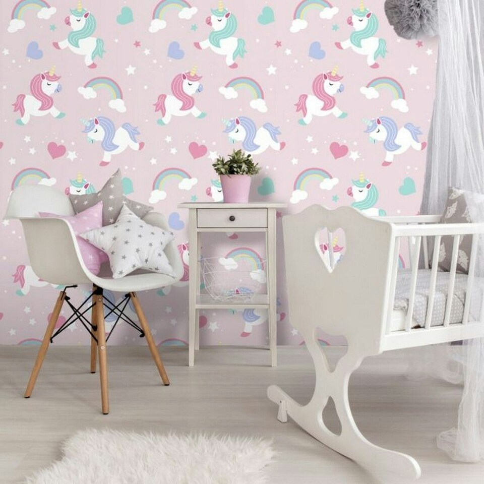 image 1 of World of Wallpaper I Believe In Unicorns Wallpaper - Pink - 32.8ft x 21in Pink