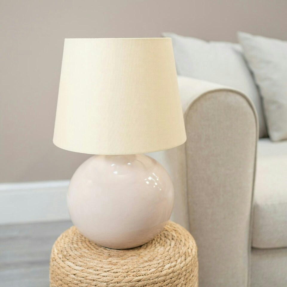 image 1 of ValueLights Bosco Natural Stone Globe Ceramic Table Lamp with Beige Fabric Tapered Lamp Shade and LED Bulb