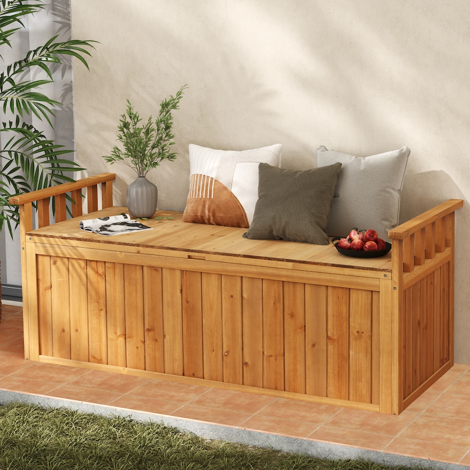 image 1 of COSTWAY Outdoor Wood Storage Bench 209 L Large Storage Deck Box w/ Armrests
