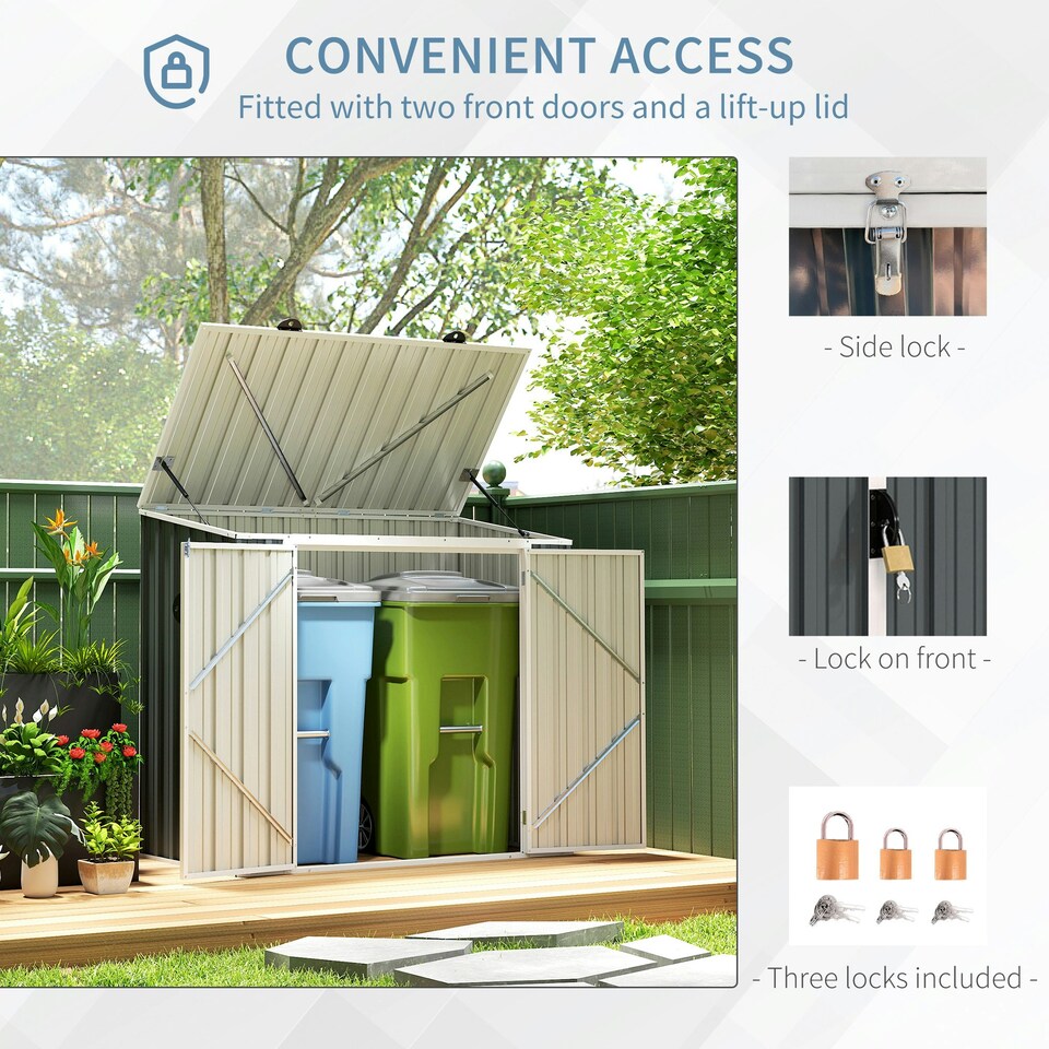image 1 of Outsunny 2-Bin Steel Rubbish Storage Shed w/ Double Locking Doors, Openable Lid