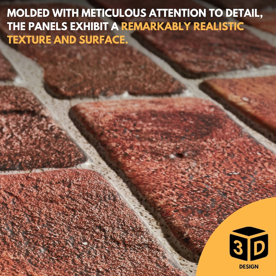 image 1 of NOVECRAFTO 3D Brick Effect Wall Panels – 6 PVC Sheets, Covers 29.76 sq ft (2.76 sqm), 96x48cm Each – Red Faux Brick Look, Easy DIY Wall Cladding Red