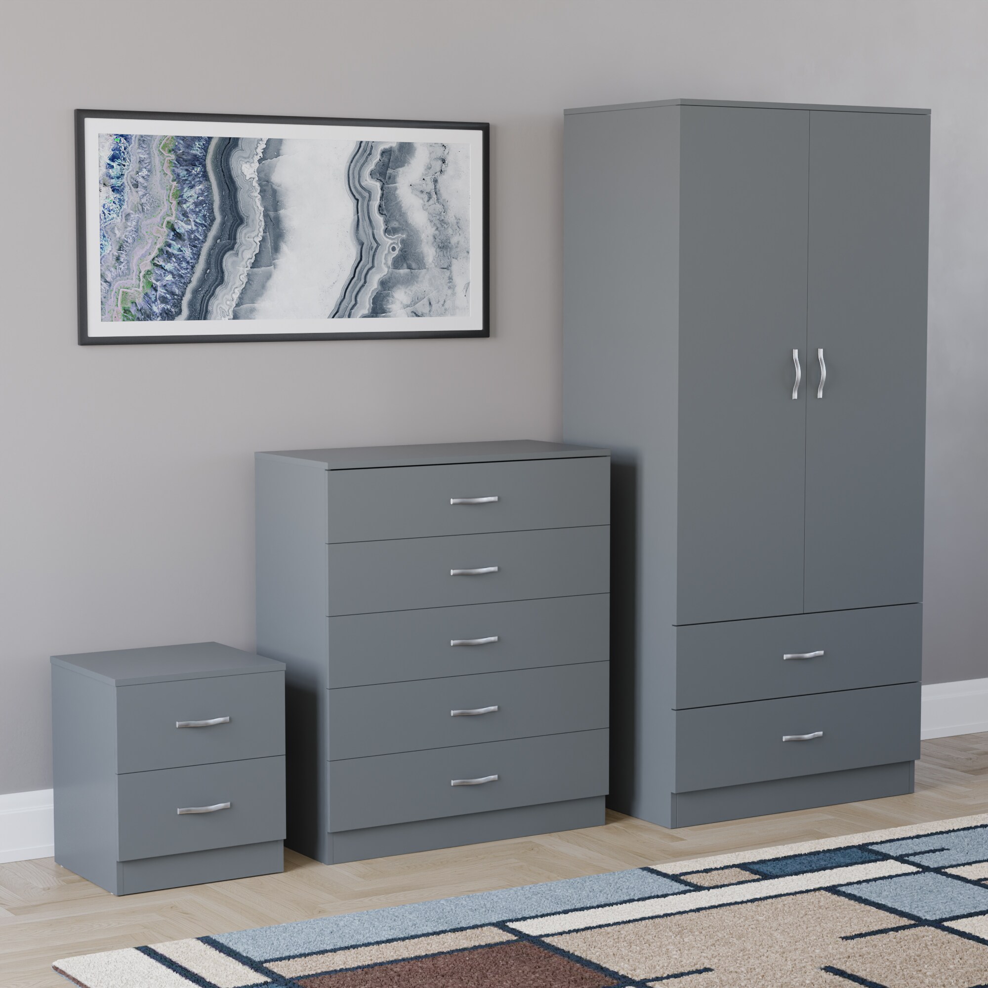 Vida Designs Riano 3 Piece Bedroom Set (2 Drawer Bedside Chest, 5 Drawer Chest, 2 Door 2 Drawer Wardrobe) - Grey