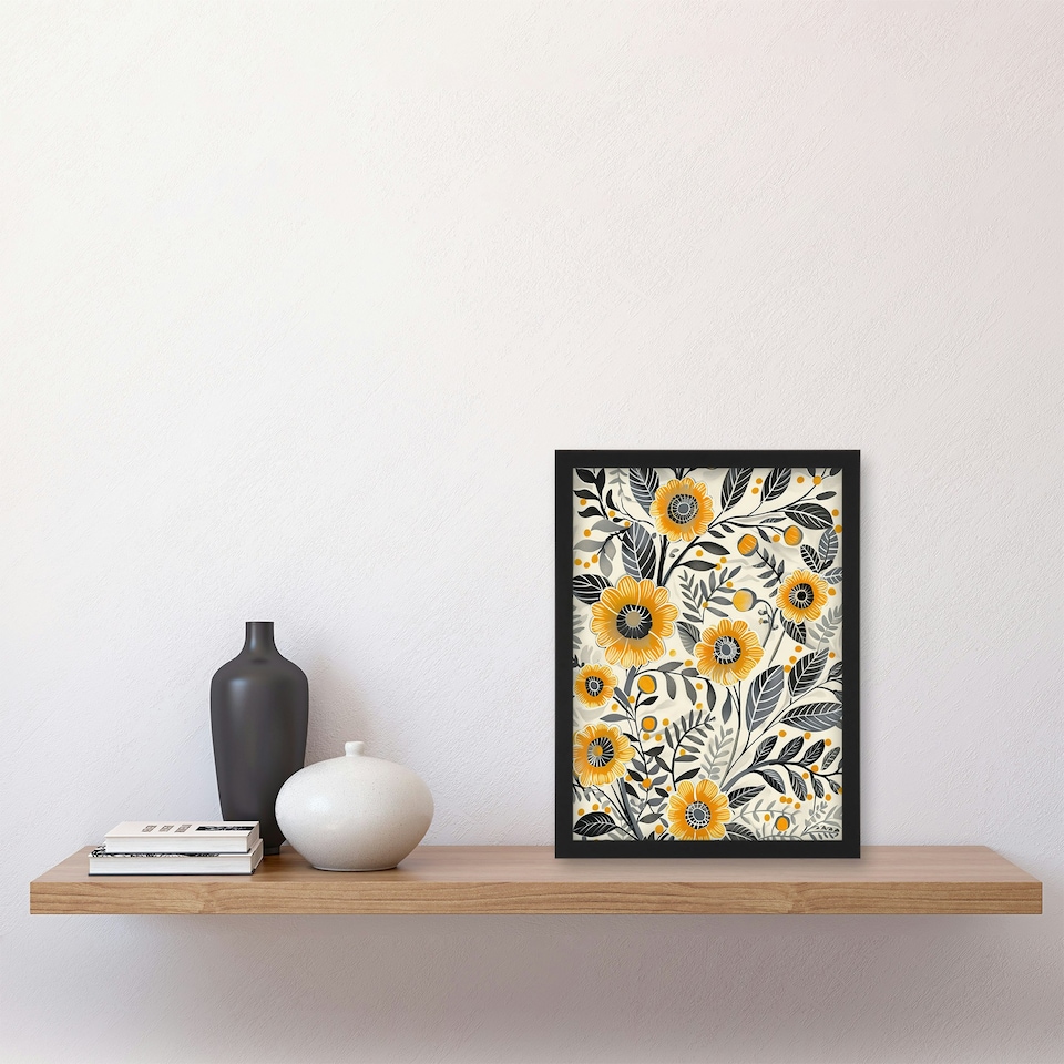 image 1 of Yellow Marigold Flowers Pattern Wildflowers Black Framed Wall Art Print A4