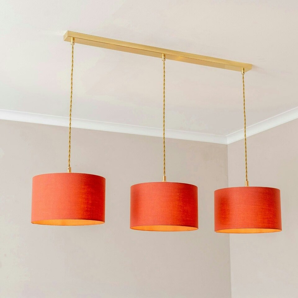 image 1 of ValueLights Reni Rust Drum Shade 3 Drop Bar Gold Diner Ceiling Pendant Light with Bulbs Gold
