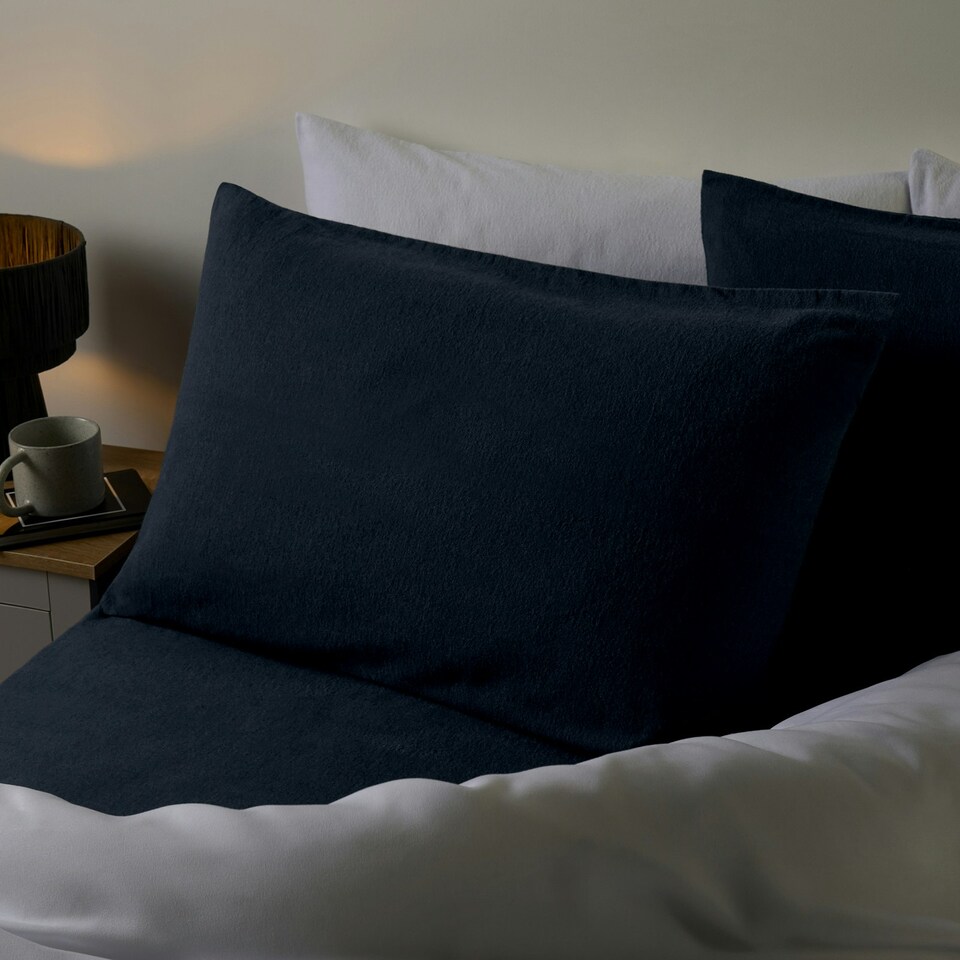 image 1 of OHS 100% Brushed Cotton Soft Cosy Fleece 2 Pack Pillowcases Blue | Navy