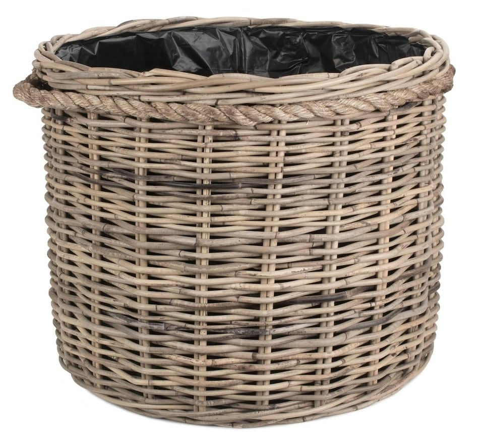 image 1 of Small Rope Handled Rattan Round Planter with Plastic Lining