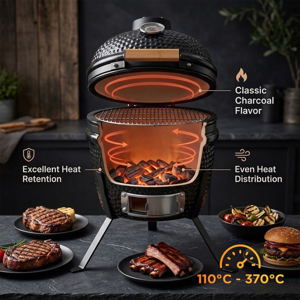 image 1 of Alivio Ceramic Kamado Charcoal BBQ Grill & Smoker with Thermometer, Egg Style Outdoor Barbecue for Grilling, Smoking & Roasting 13"