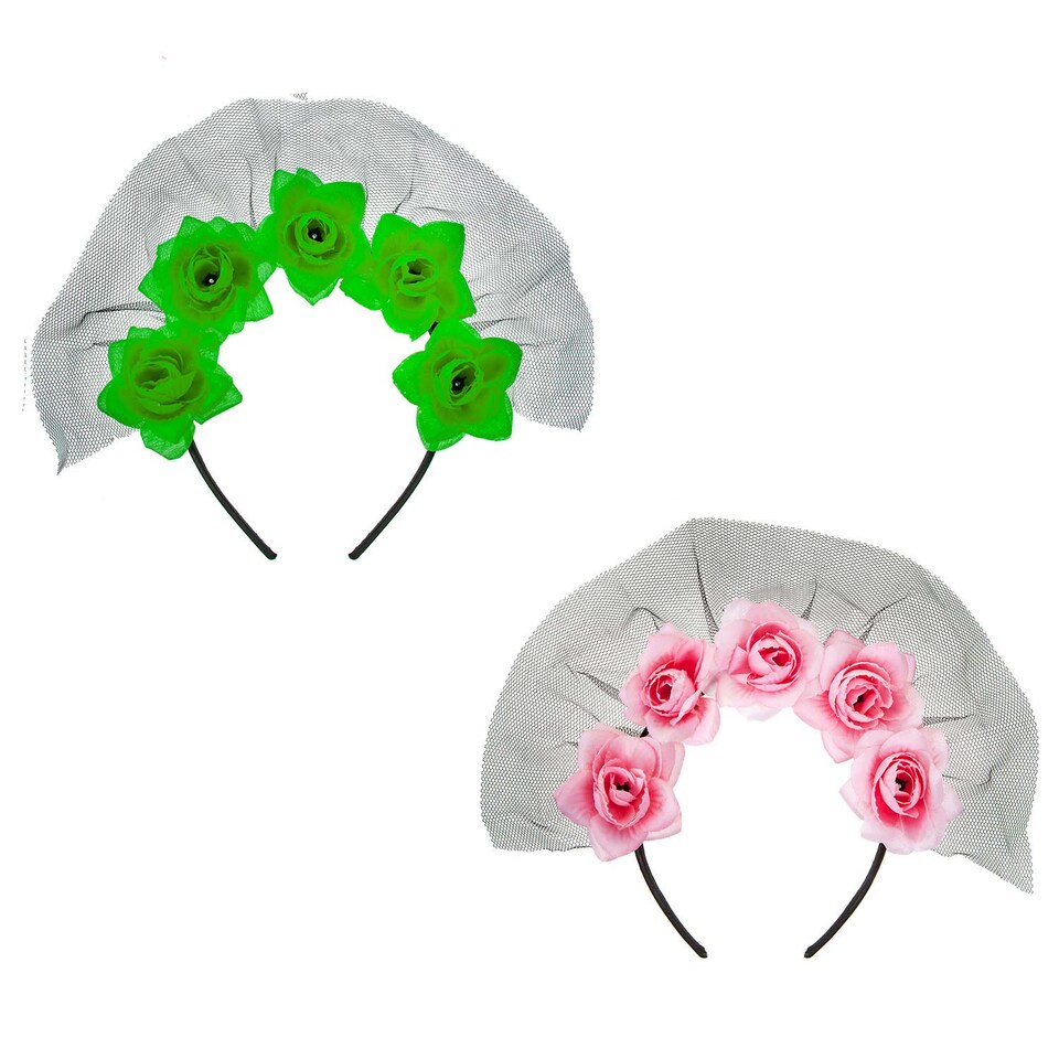 image 1 of vfm-estore Halloween Veil Headband 5 Roses Design, Pink - Party Costume Accessory