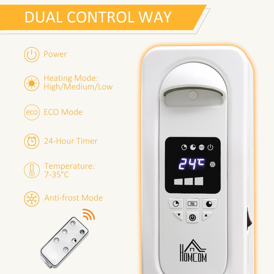 image 1 of HOMCOM 1500W Digital Oil Filled Radiator, 7 Fin, Portable Electric Heater with LED Display, 24-Hour Timer, 3 Heat Settings, Safety Cut-Off and Remote Control, White