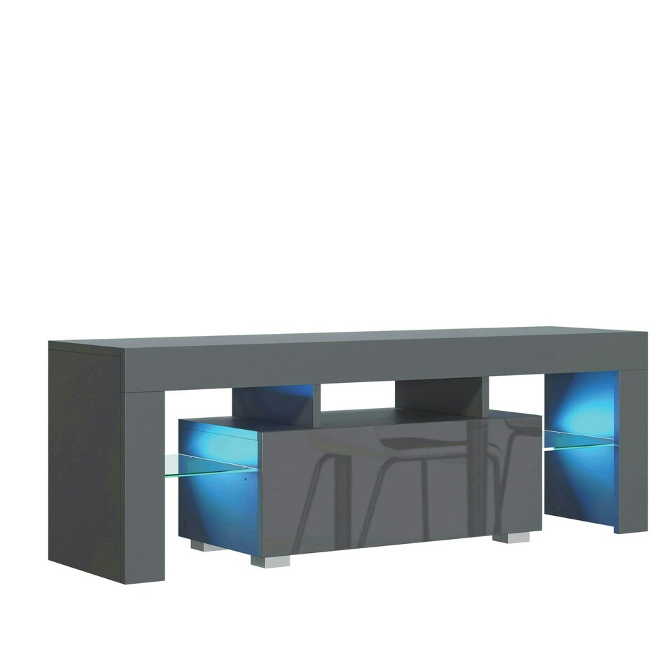 image 1 of TV Unit 130cm Grey Gloss Door Grey Matt Body with Glass Sides Free LED Grey