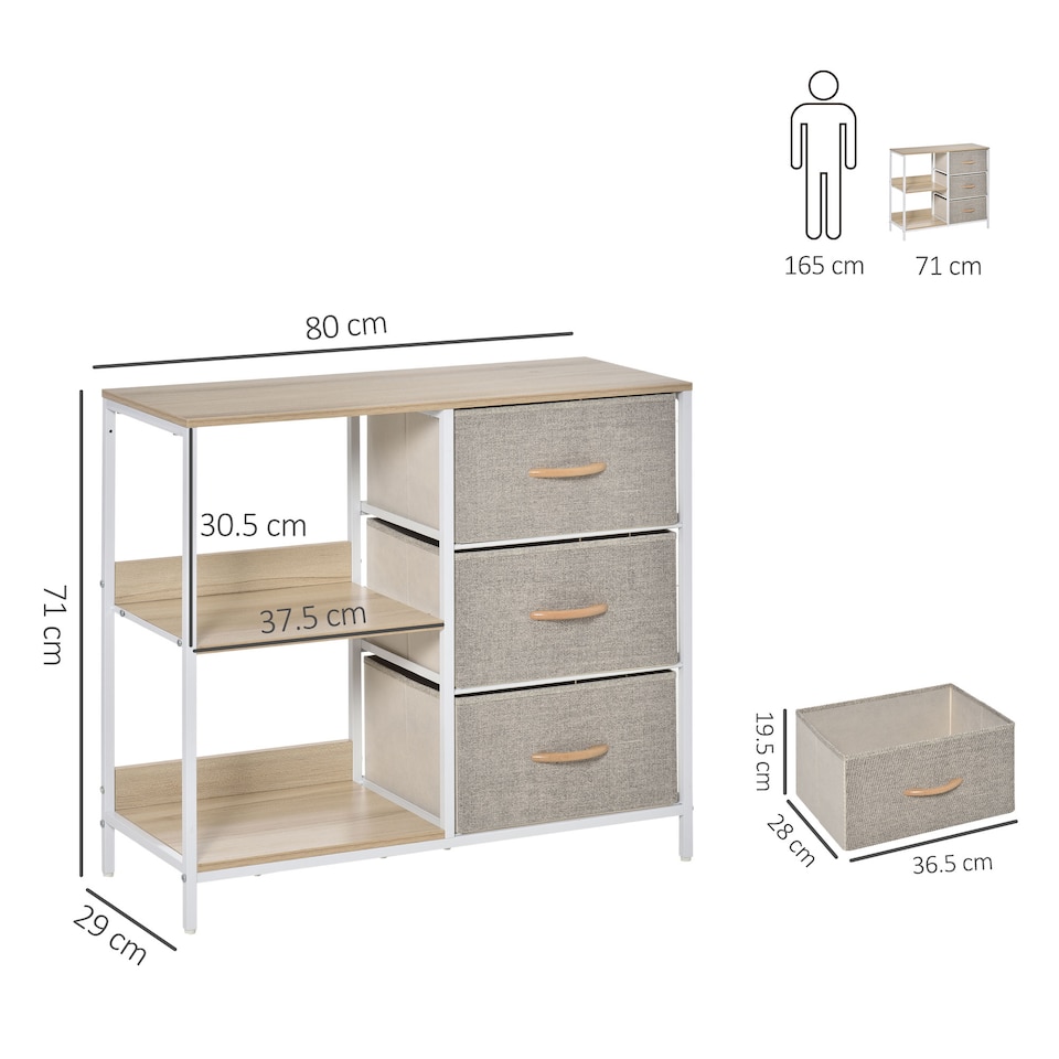 image 1 of HOMCOM Chest of Drawers Storage Dresser Cabinet Organizer with 3 Fabric Drawers and 2 Display Shelves for Living Room, Bedroom, Hallway, Beige
