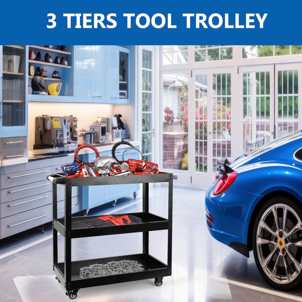 image 1 of Heavy Duty Tool Storage Trolley 3 Tier Wheel Cart for Garage, Workshop & DIY Projects Black