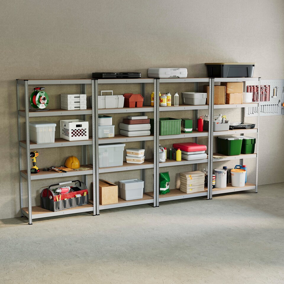 image 1 of Home Vida 5 Tier Large Heavy Duty Adjustable Steel Garage Shelving, Galvanised - Holds 875kg - (Set of 4) | Silver | Silver | Large