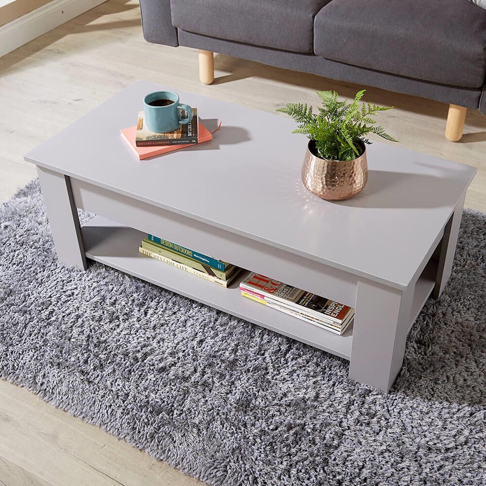 image 1 of Wooden Coffee Table With Lift Up Top Storage Area and Magazine Shelf | Grey