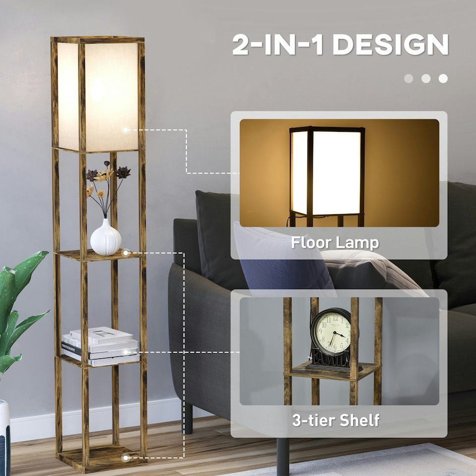 image 1 of HOMCOM Floor Lamp Reading Lamp with 3-Tier Storage Shelf for Home Office Brown