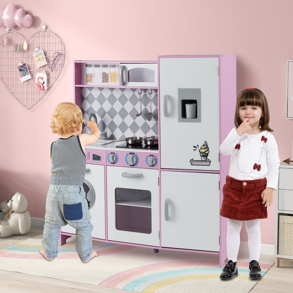 image 1 of COSTWAY Pretend Play Kitchen Kids Wooden Toy Set Kitchen Accessory Playset Pink