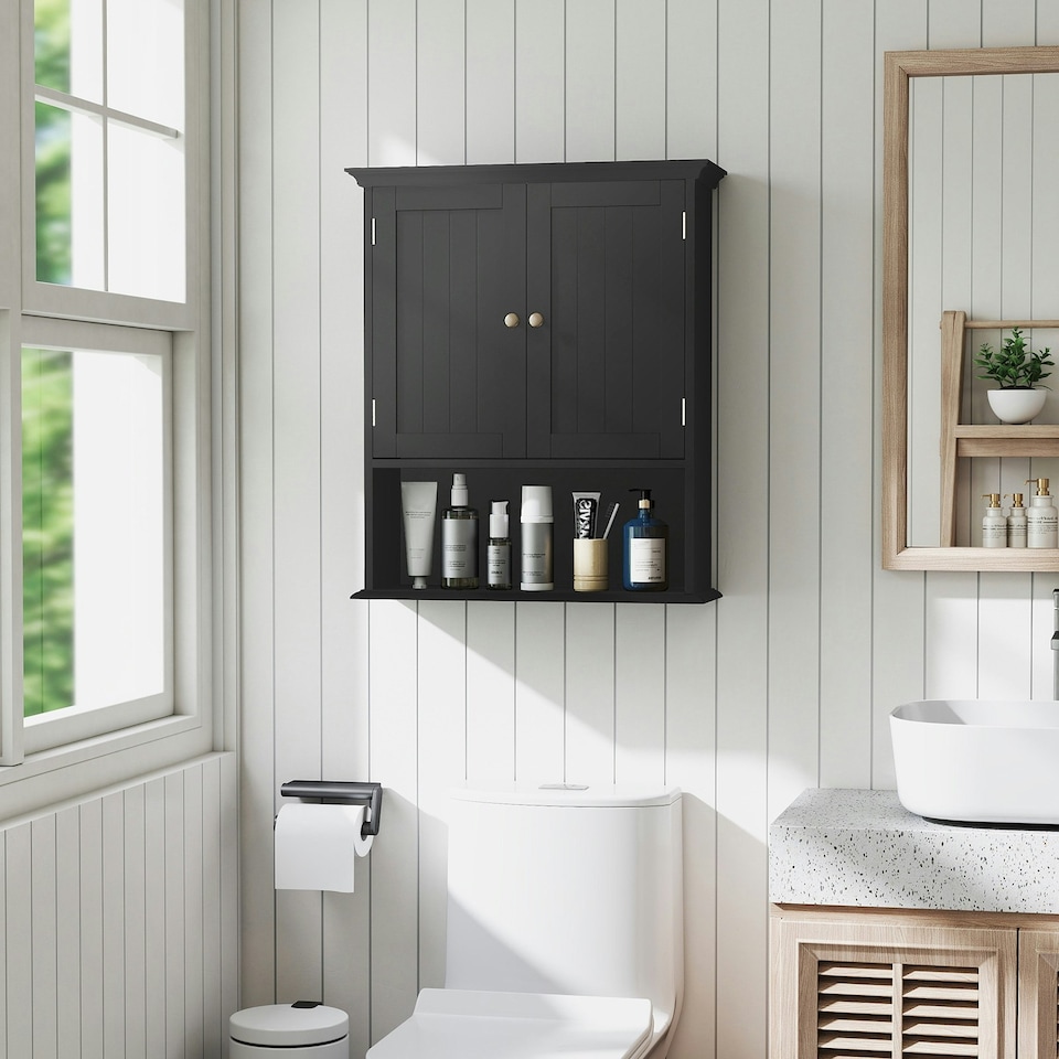 image 1 of COSTWAY Bathroom Wall Mounted Cabinet Wooden Cabinet Black