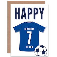 Blue Football Strip Kit Jersey Age 7 Year Old Child Kids 7th Birthday Card