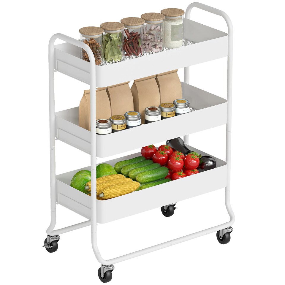 image 1 of HOMCOM 3-Tier Storage Trolley on Wheels, Rolling Utility Cart with Mesh Backets, Mobile Storage Cart for Kitchen, Bathroom, Bedroom, White | White | White