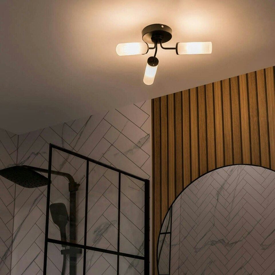 image 1 of ValueLights Canya Black IP44 Bathroom 3 Way Reeded Glass Flush Ceiling Light with LED Bulbs | Black