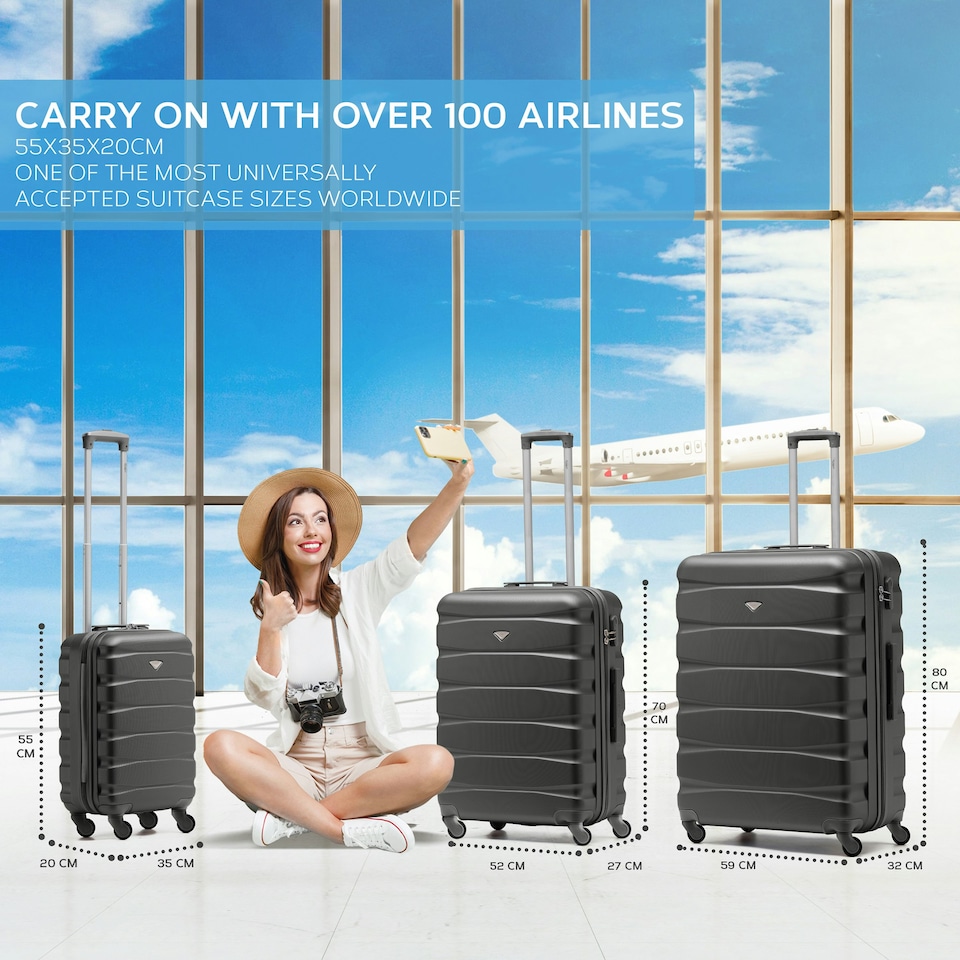 image 1 of Flight Knight Set of 3 Lightweight 4 Wheel ABS Hard Case Suitcases Cabin & Hold Luggage, 100+ Airlines Approved - easyJet, British Airways, Ryanair, Jet2 Grey | Charcoal