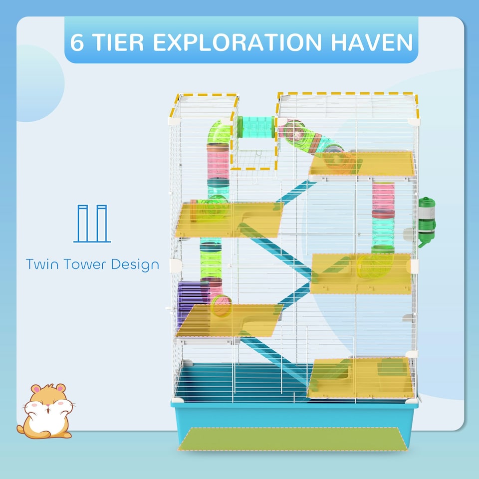 image 1 of PawHut 6 Tier Hamster Cage with Twin Tower and Accessories, Light Blue