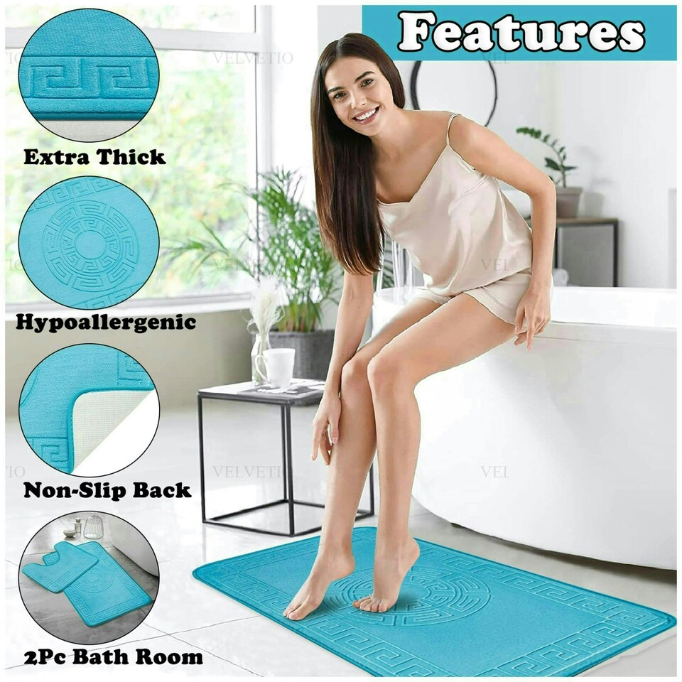 image 1 of VELVETIO Bath Mat Set Greek Pattern Anti Slip Memory Foam Toilet Rug Blue | Aqua