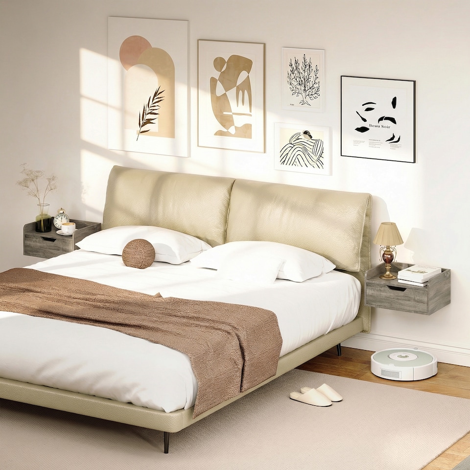 image 1 of HOMCOM Floating Nightstands Set of 2, Nightstand with Drawer | Grey | Natural wood | 40W x 30D x 19.5H cm