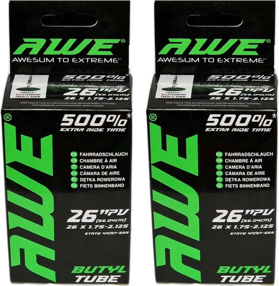 image 1 of AWE Set x 2 Butyl Rubber 26" MTB/E-Bike Inner Tube 26 x 1.75-2.125 Presta Valve