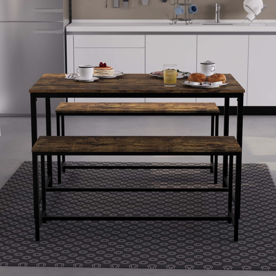 image 1 of Vida Designs Brooklyn 4 Seater Dining Set 3 Piece Table & Bench Set, Dark Wood