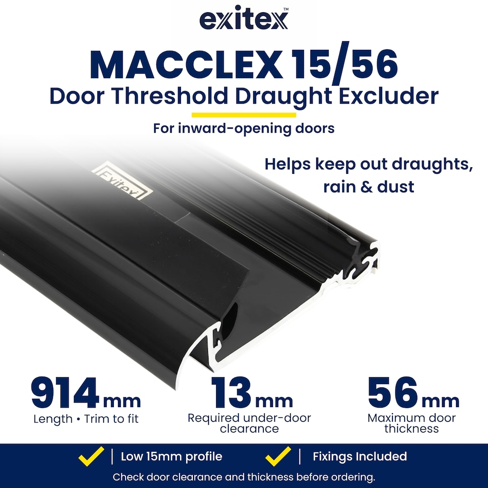 image 1 of Exitex Macclex 15/56 Aluminium Door Threshold Draught Excluder Cill for 56mm Doors, 914mm | Black
