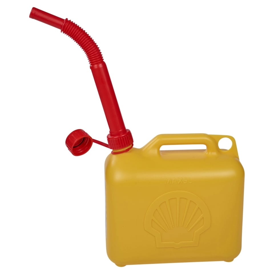 image 1 of 5L Shell Fuel Petrol Diesel Jerry Can Gas Tank Handle & Pouring Nozzle Spout Set of 2