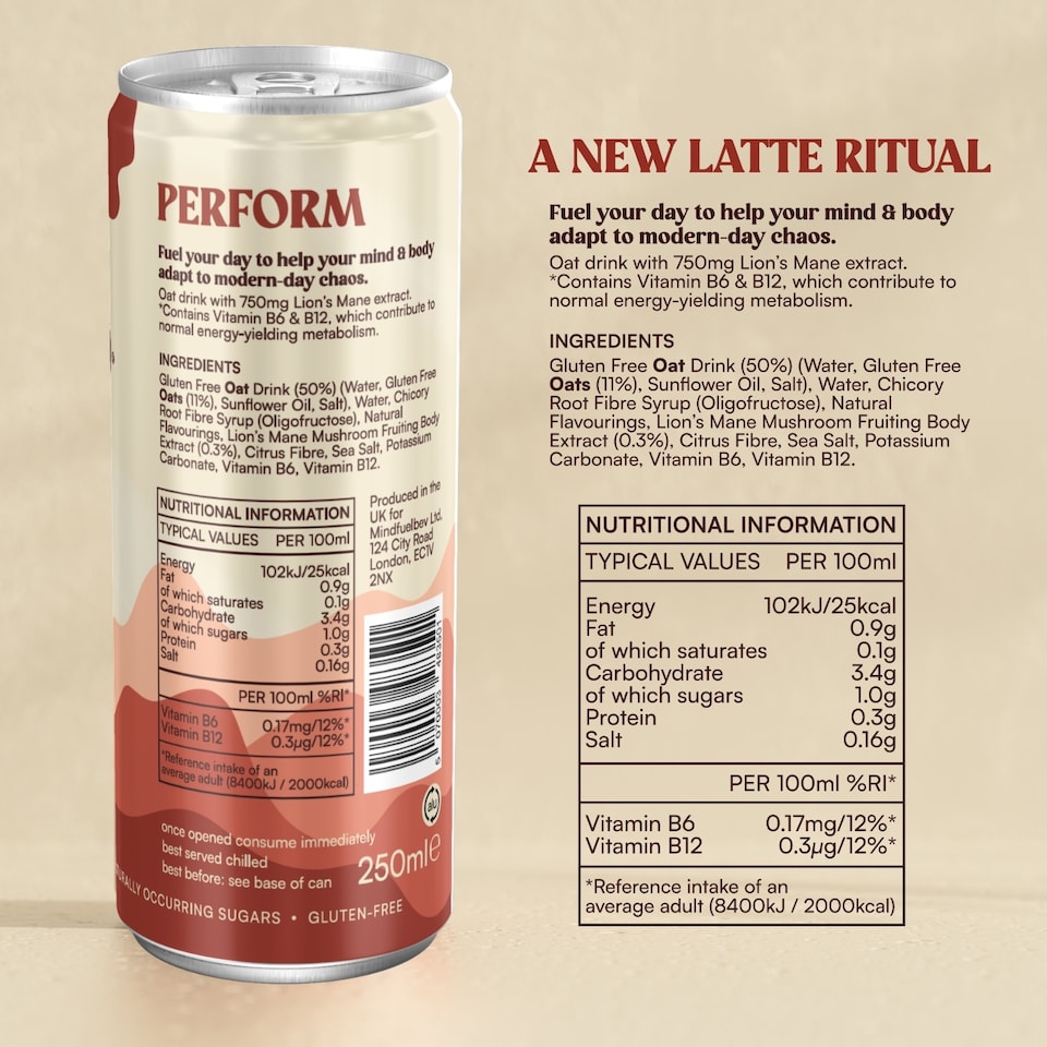image 1 of Mindfuel Flow Perform - Lion's Mane Oat Latte Salted Caramel 12 x 250ml