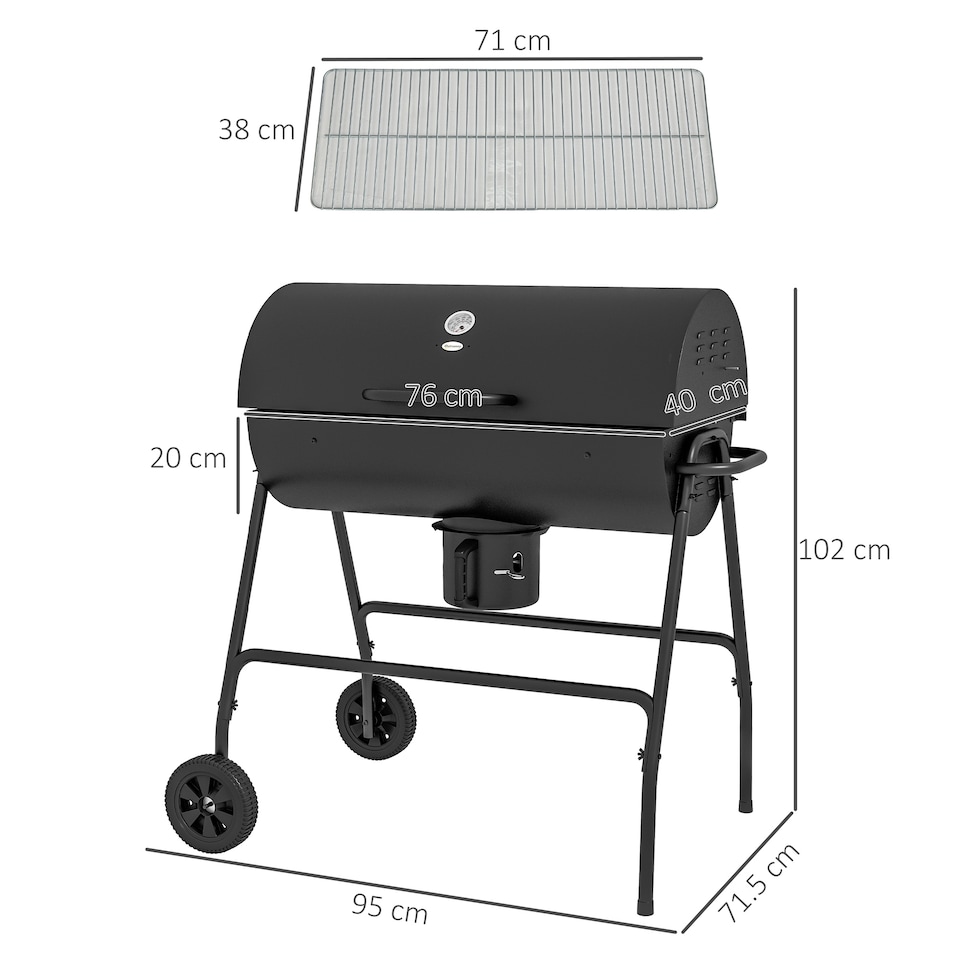 image 1 of Outsunny Barrel Charcoal Barbecue BBQ Grill Trolley  Ash Catcher Thermometer