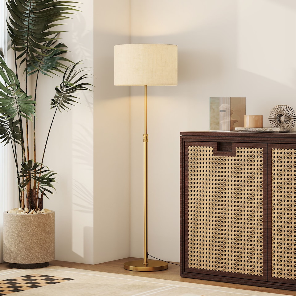 image 1 of HOMCOM Floor Lamp with Remote, Height Adjustable Standing Lamp with Linen Shade, Dimmable with 3000K-6000K Adjustable Colour Temperatures, Foot Switch for Living Room Bedroom Office, Gold Tone | Gold