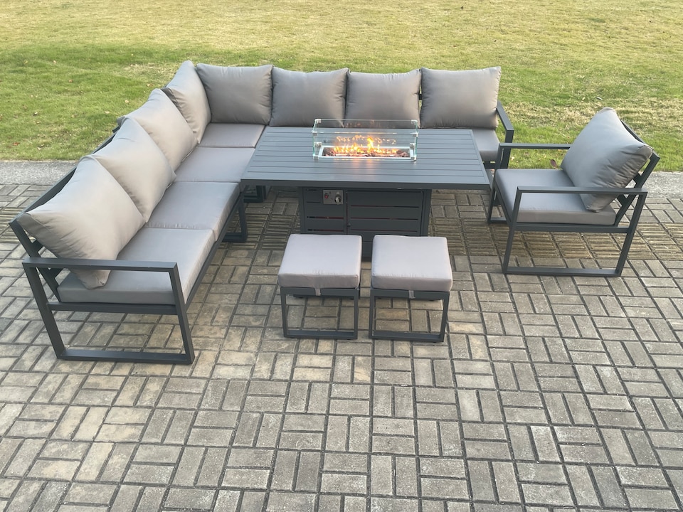 image 1 of Fimous Aluminium 10 Seater Garden Furniture Outdoor Set Patio Lounge Sofa Gas Fire Pit Dining Table Set with Chair 2 Small Footstool Dark Grey