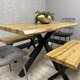 image 2 of Wooden Dining Table with 2 Benches and Grey Velvet Chairs, Stylish Dining Room Furniture