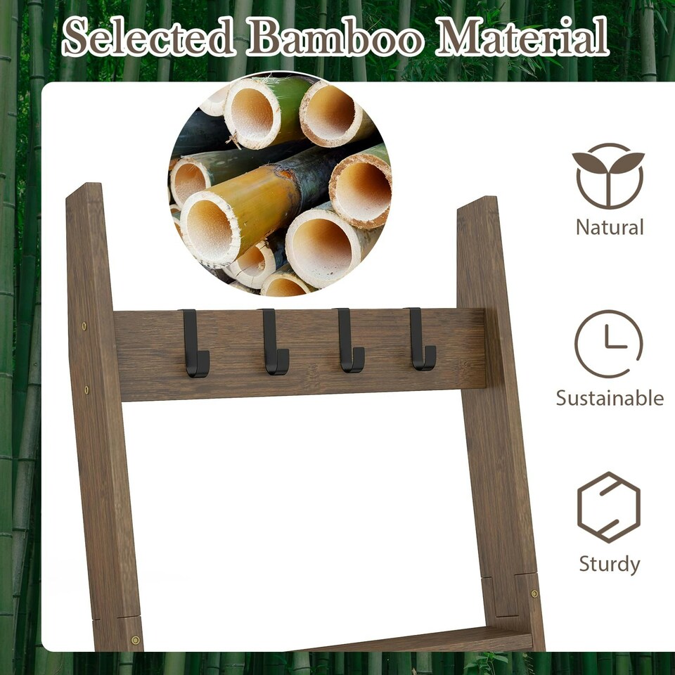 image 1 of COSTWAY Bamboo Blanket Ladder 5-Tier Ladder Shelf w/4 Removable Hooks-Brown Brown | One Size