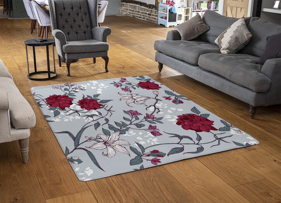 image 1 of Red & White Winter Floral Rug | Multi