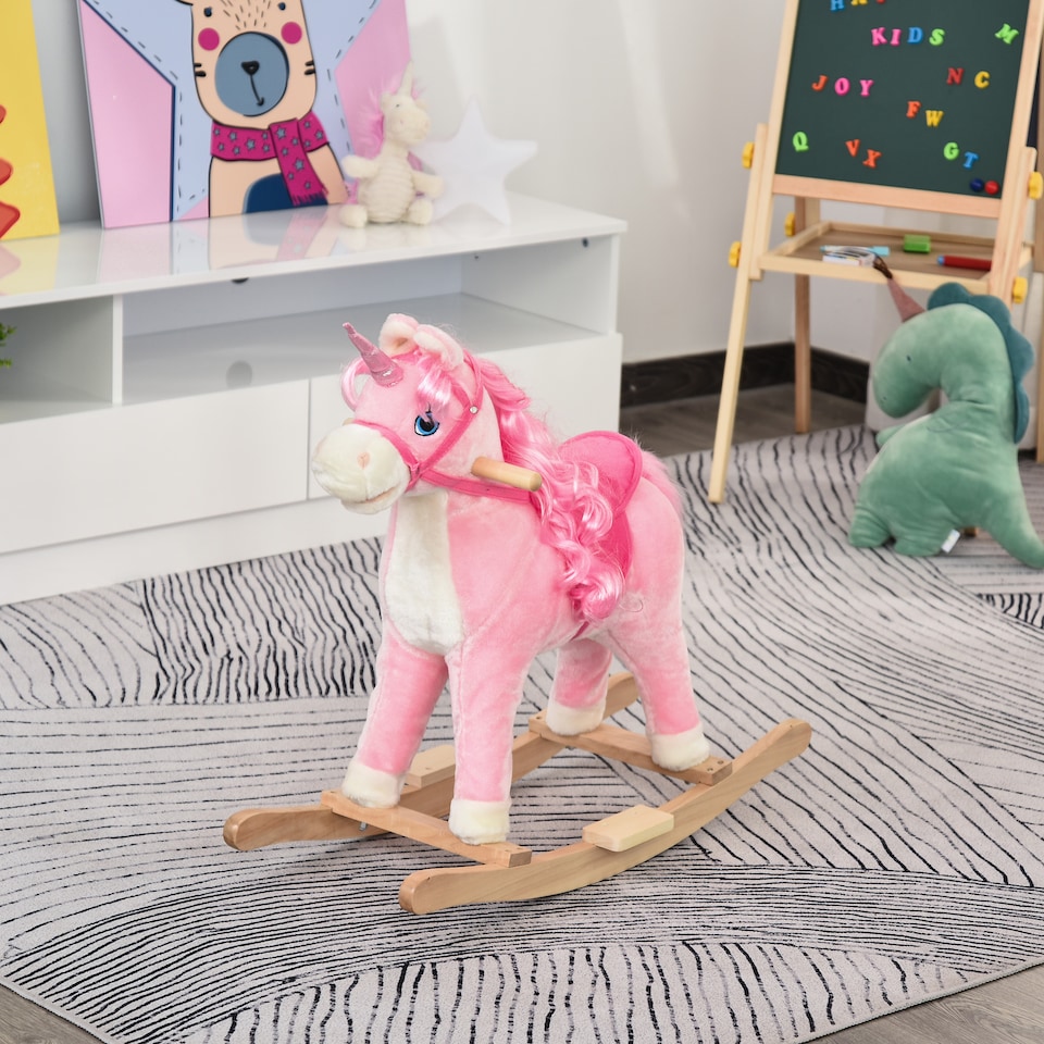 image 1 of HOMCOM Kids Plush Rocking Horse Ride On Unicorn with Sound Moving Mouth Wagging Tail Children Rocker Toy Gift 3-6 Years Pink