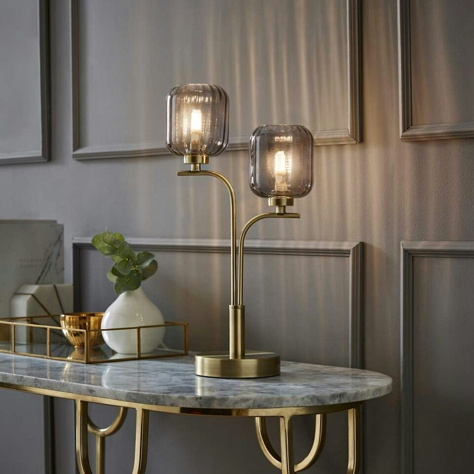 image 1 of ValueLights Amelie Gold Stem 2 Way Ribbed Glass Lamp Table Light with LED Bulbs