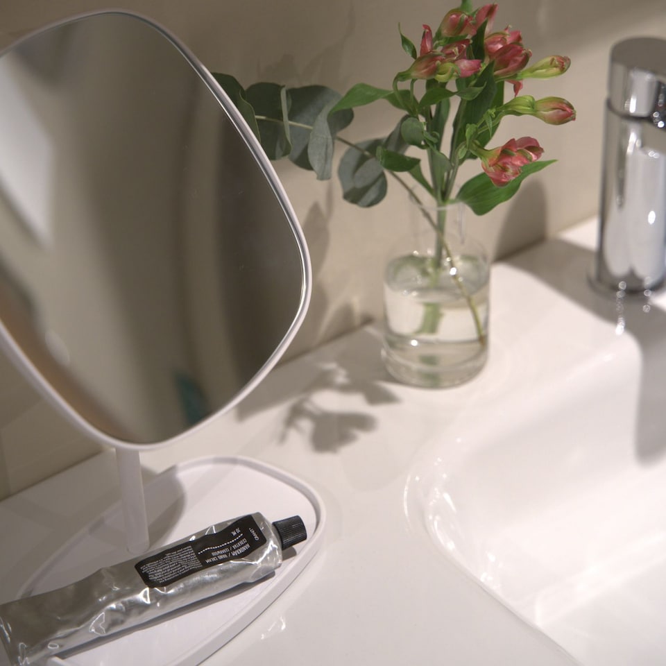 image 1 of BESLAGSBODEN Matt White Freestanding Bathroom Mirror with Storage Tray
