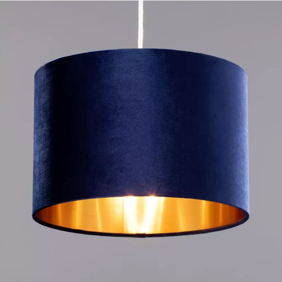 image 1 of CGC Nila Navy Velvet Drum Pendant Shade with Gold Inner, 30 cm | Blue | Navy Blue Velvet & Gold | Medium