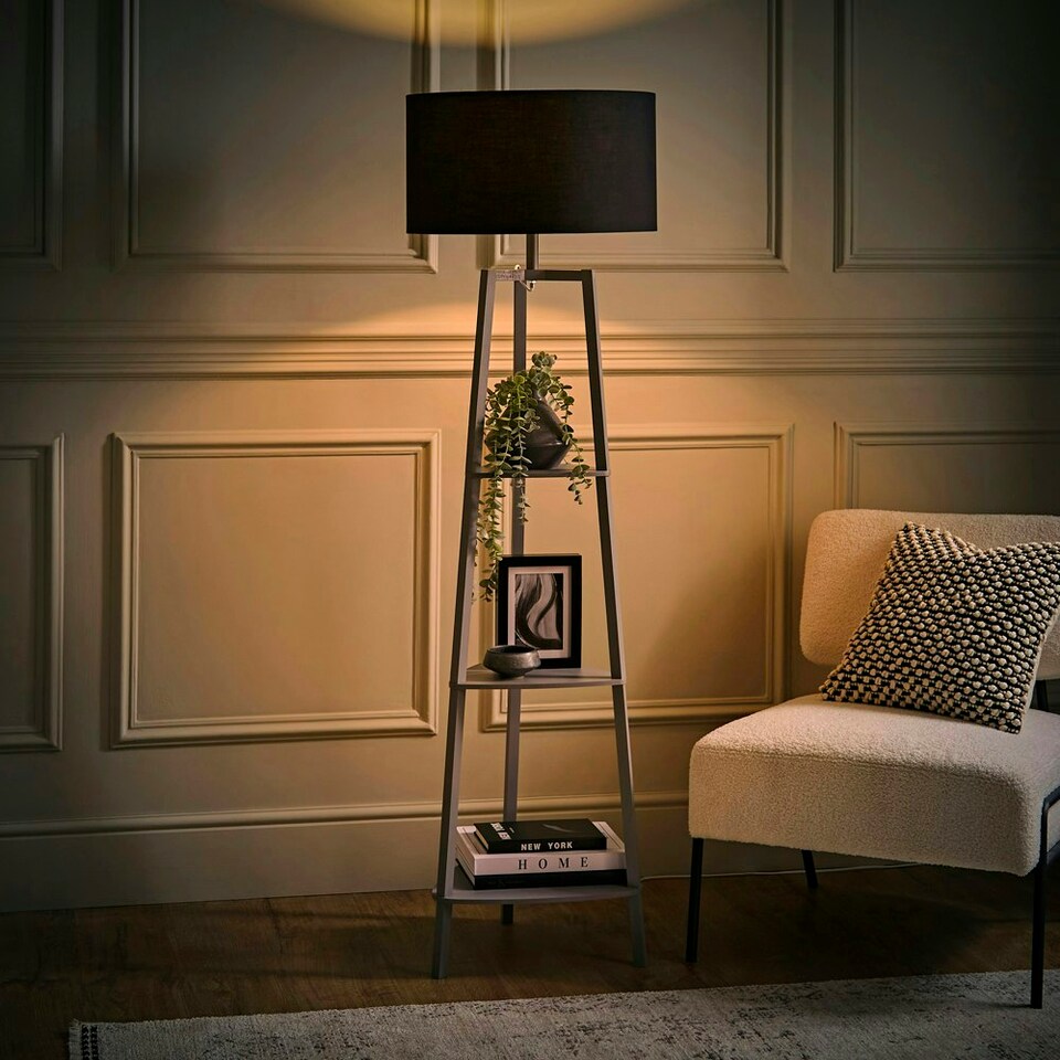 image 1 of ValueLights Hiru Grey 3 Tier Shelf Floor Lamp Black Shade Black