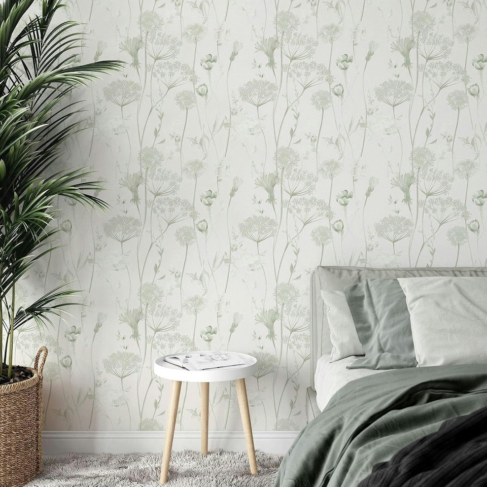 image 1 of Catherine Lansfield Meadowsweet Floral Sage Wallpaper Green | Green