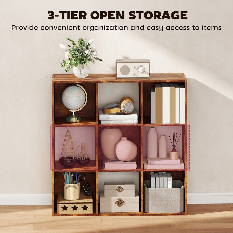 image 1 of HOMCOM 9 Cube Storage Cupboard Bookcase Bookshelf Home Office, Rustic Brown
