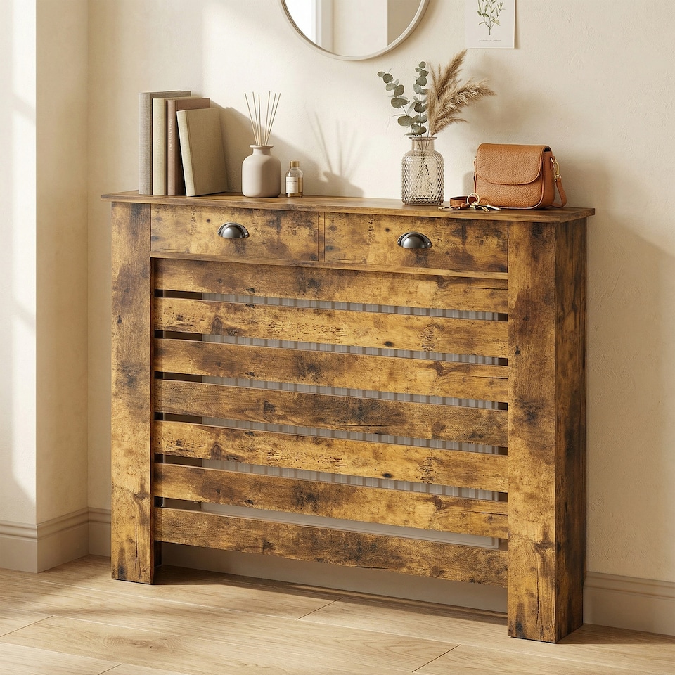 image 1 of HOMCOM Radiator Cover with Drawer, Horizontal Slat, 111cm, Rustic Brown