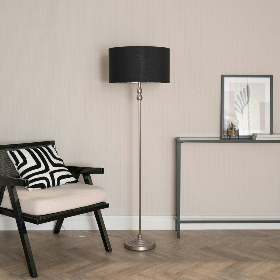 image 1 of ValueLights Maggie Chrome Candlestick Floor Lamp with Black with Chrome Inner Lamp Shade and LED Bulb